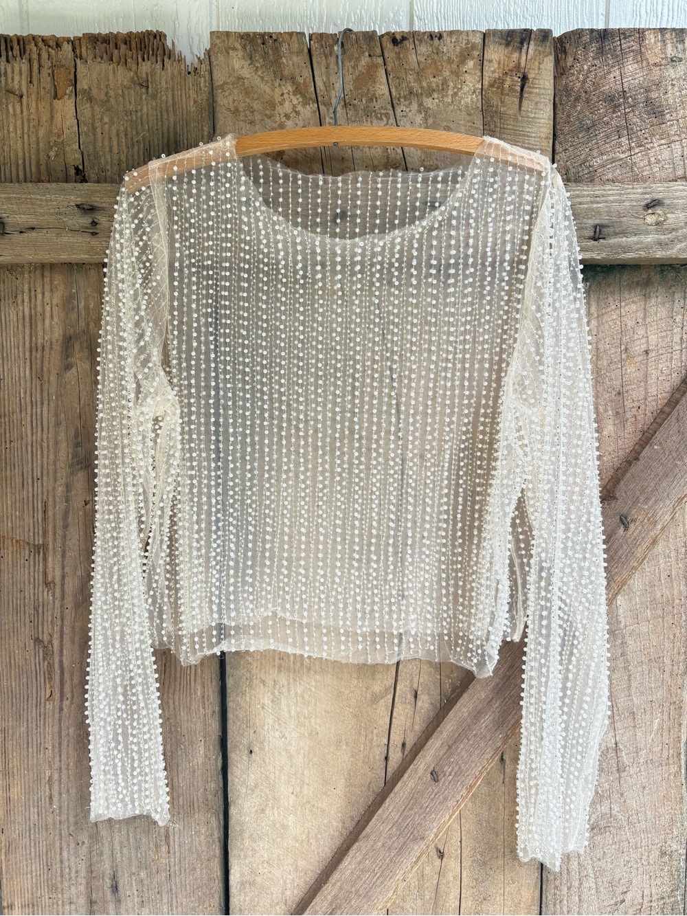Altar'd State Cream Sheer Pearl-Embellished Long Sleeve Top FLAW